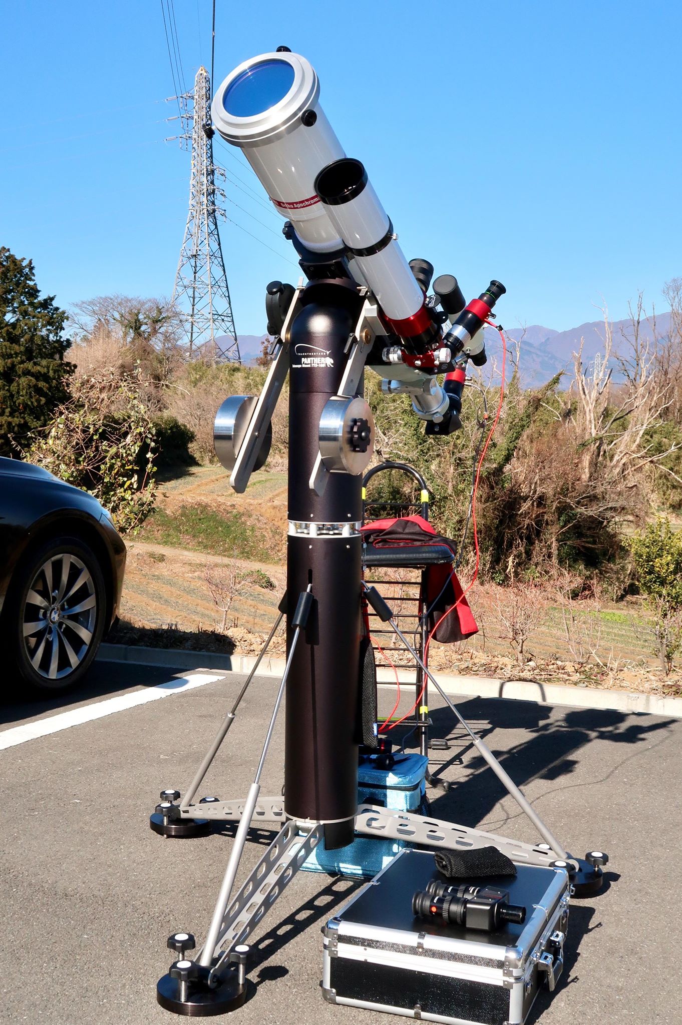 A Takahashi TOA-130 and a Lunt 80mm mounted on a TTS-160 panther telescope mount